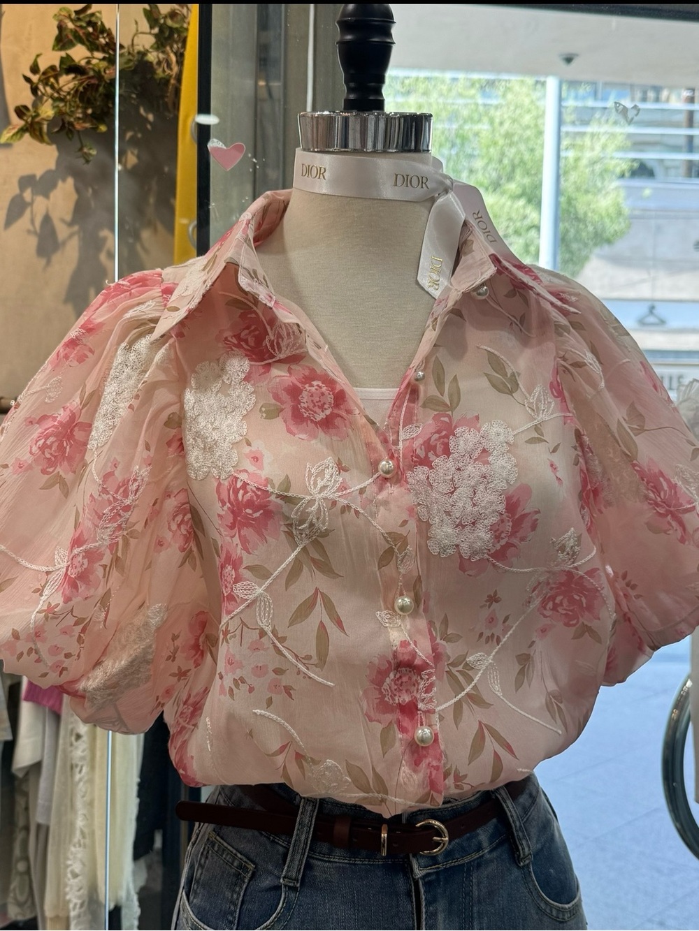 Floral Pink Puff-Sleeve Button Front Blouse